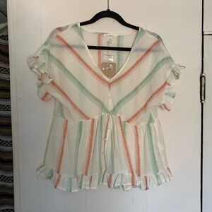 NWT striped babydoll flowy summer blouse with ruffles. blu pepper. Size L